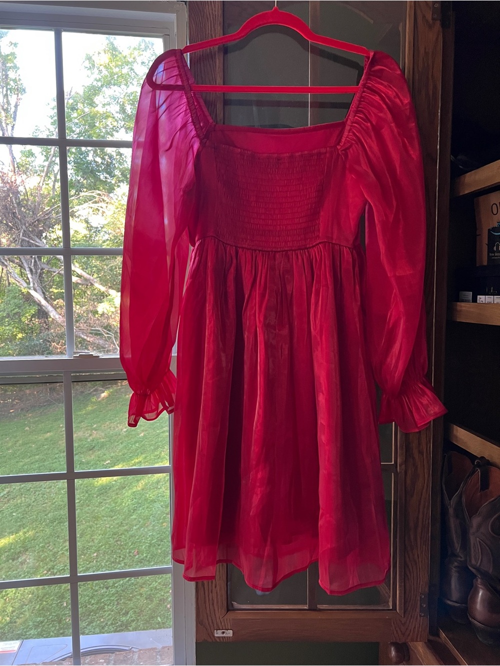 Holiday Red Long-Sleeve Chiffon Dress - Picture 2 of 6